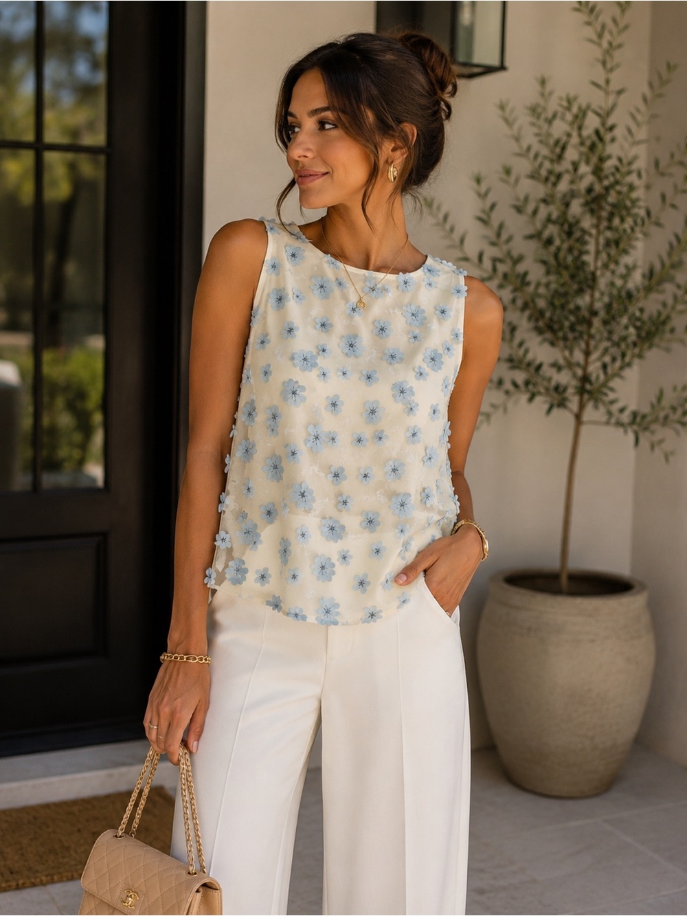 Darling Cream top with Light Blue Floral Appliqué